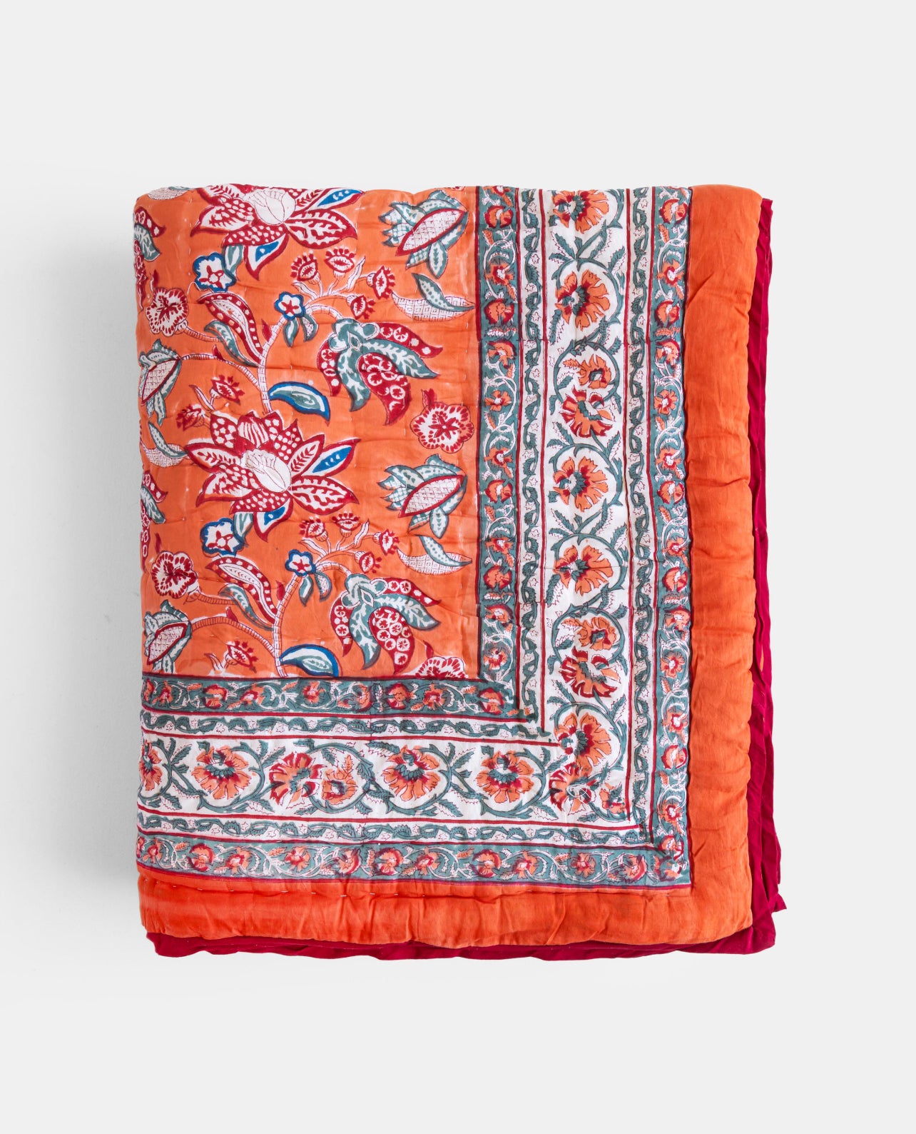 Orange Floral Reversible Handblock Printed Cotton Quilt