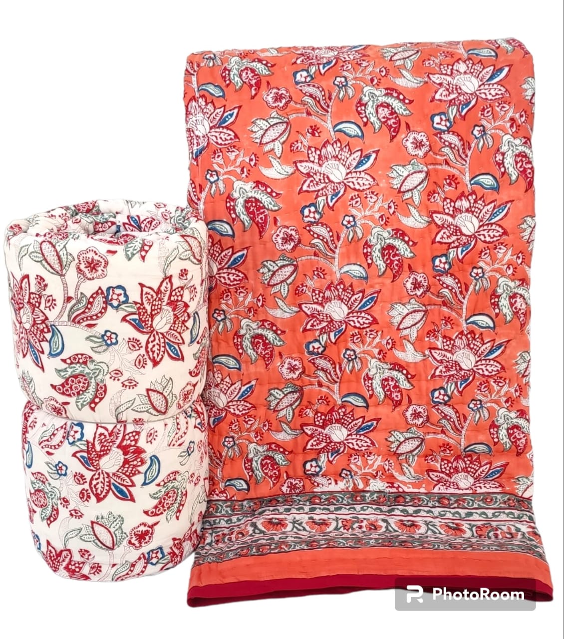 Orange Floral Reversible Handblock Printed Cotton Quilt