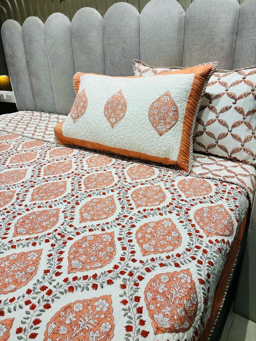 Orange Mughal Print Reversible Quilted Bedcover Set
