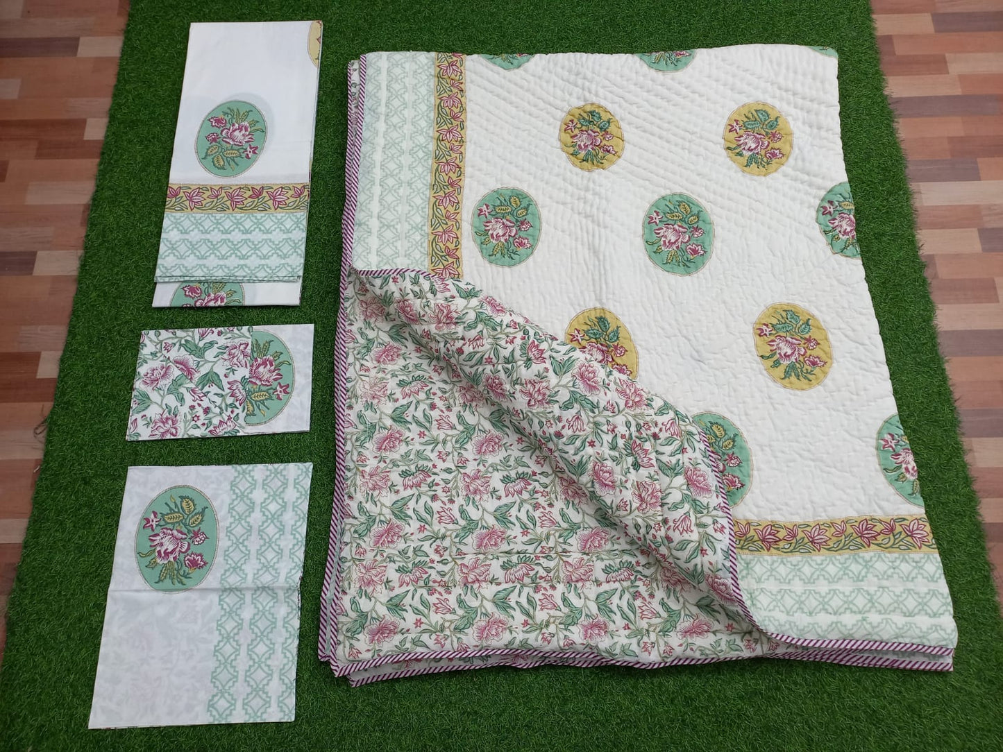 Oval Motifs Hand block Printed Matching Quilt Reversible With Bedsheet