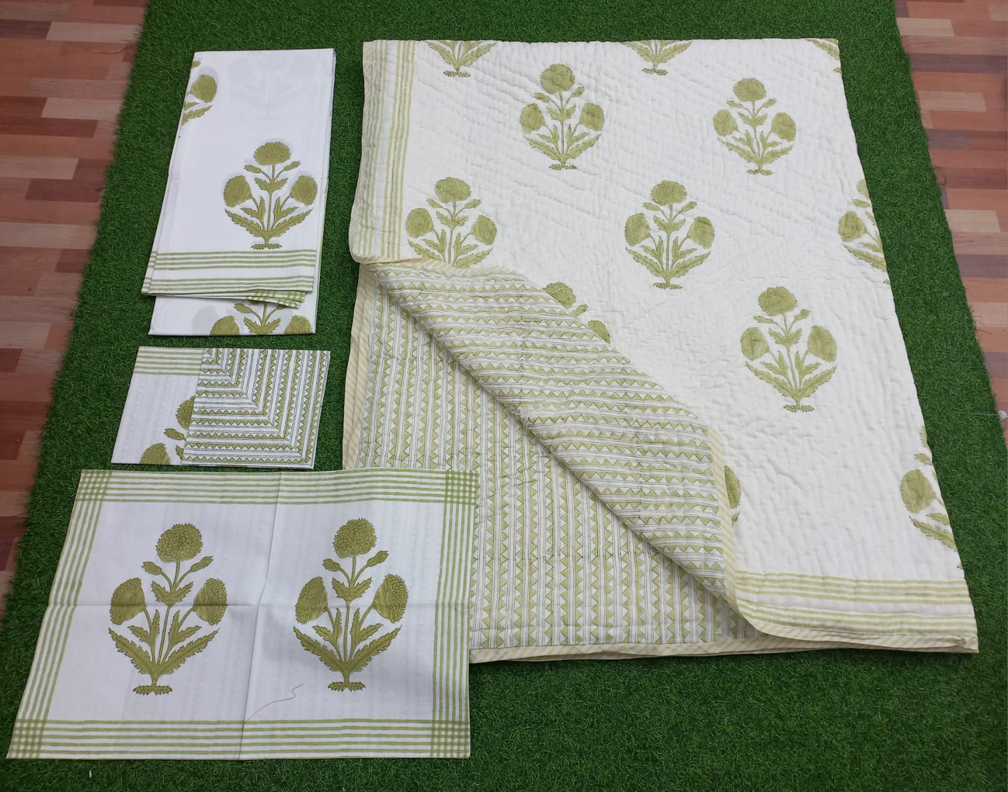 Pastel Green Marigold Matching Quilt with Bedsheet