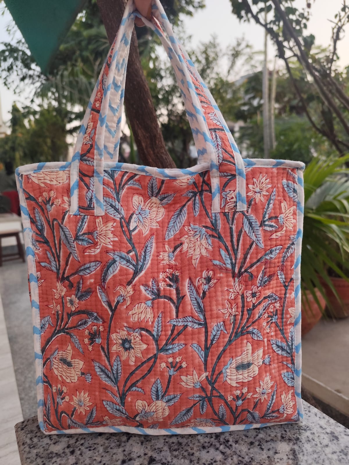 Peach Quilted Handblock Printed Lunch Bag With Zip