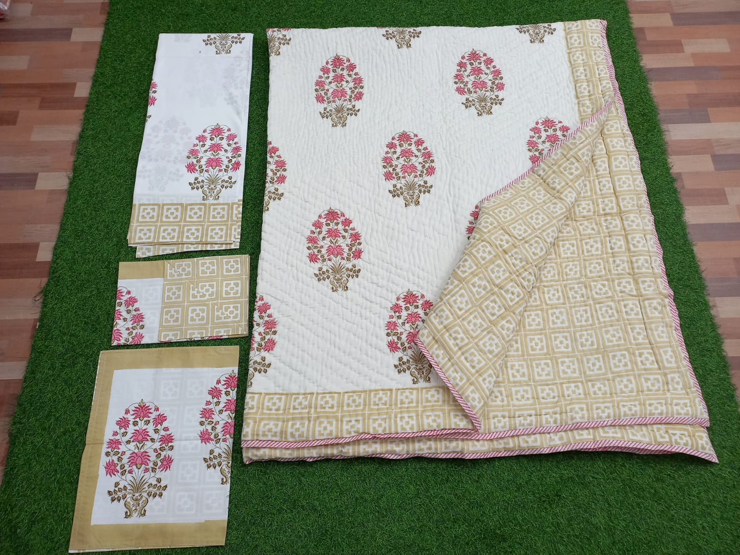 Pink Bunches Hand block Printed Matching Quilt Reversible With Bedsheet