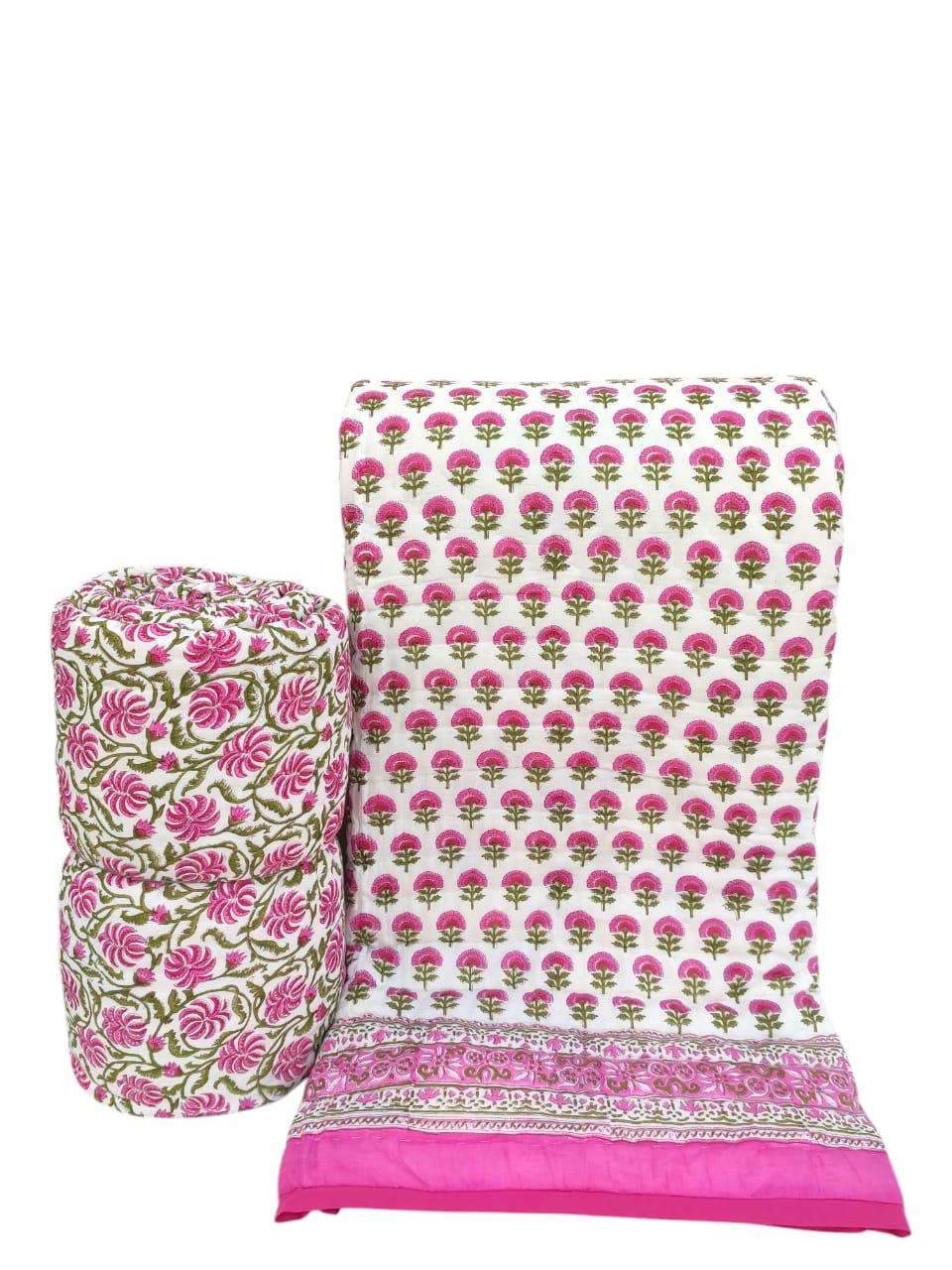 Pink Floral Reversible Handblock Printed Cotton Quilt