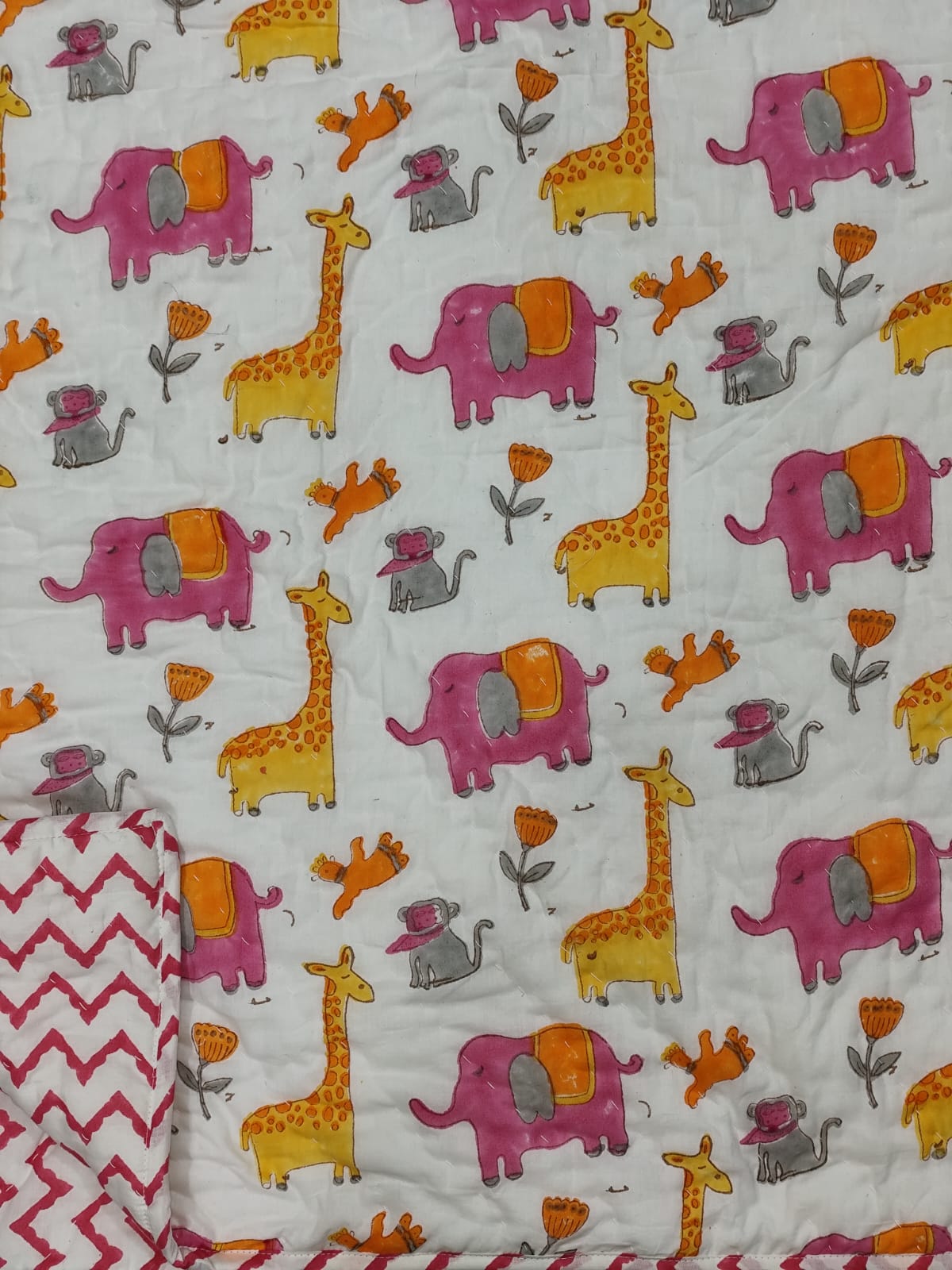 Elephants and Giraffe Pink Handblock Printed Reversible Soft Baby Quilt