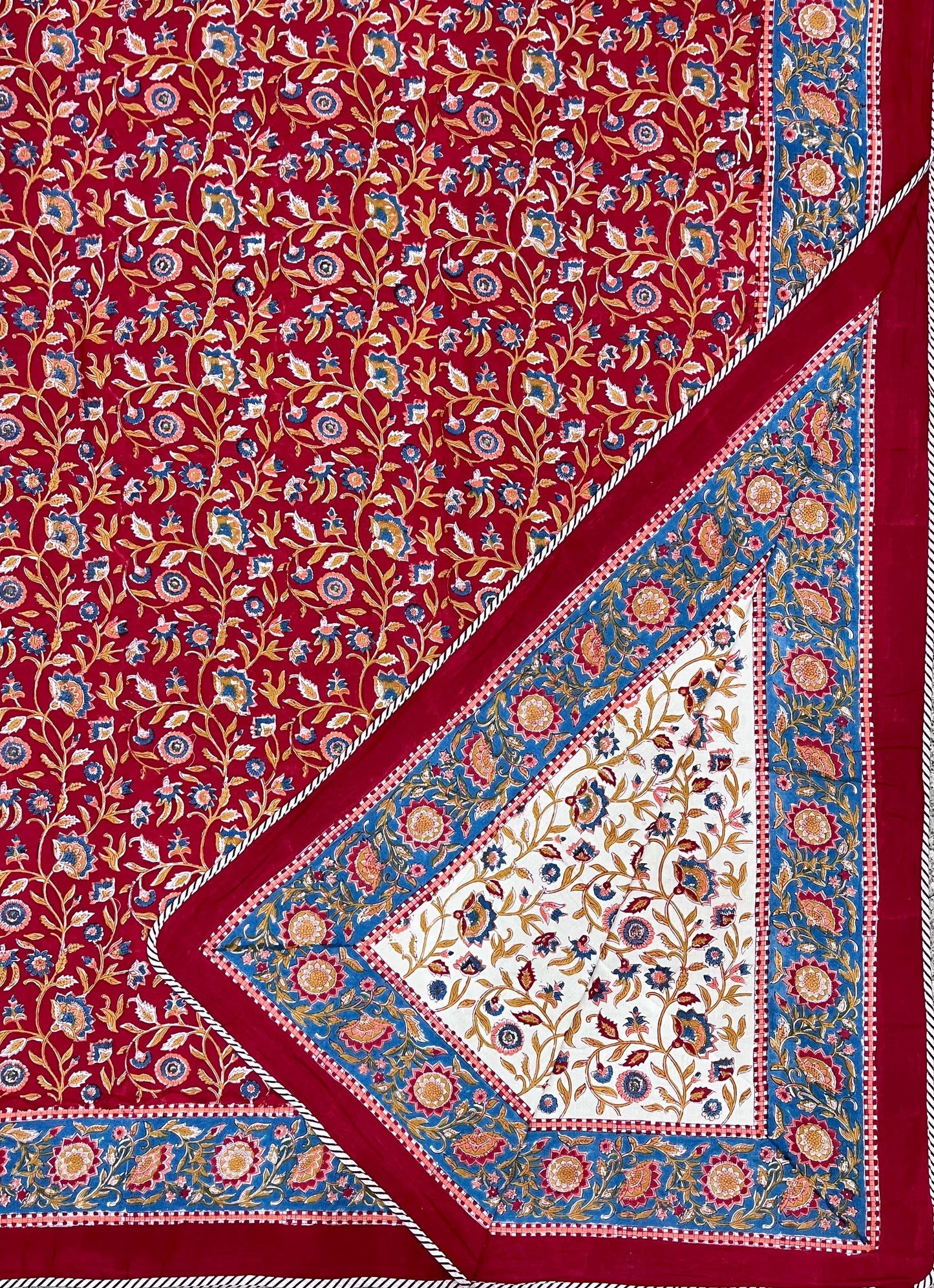 Red Floral Reversible Hand Block Printed Mul Cotton Dohar