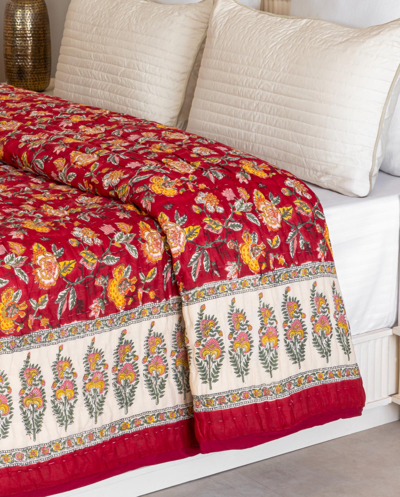 Red Floral Reversible Handblock Printed Cotton Quilt