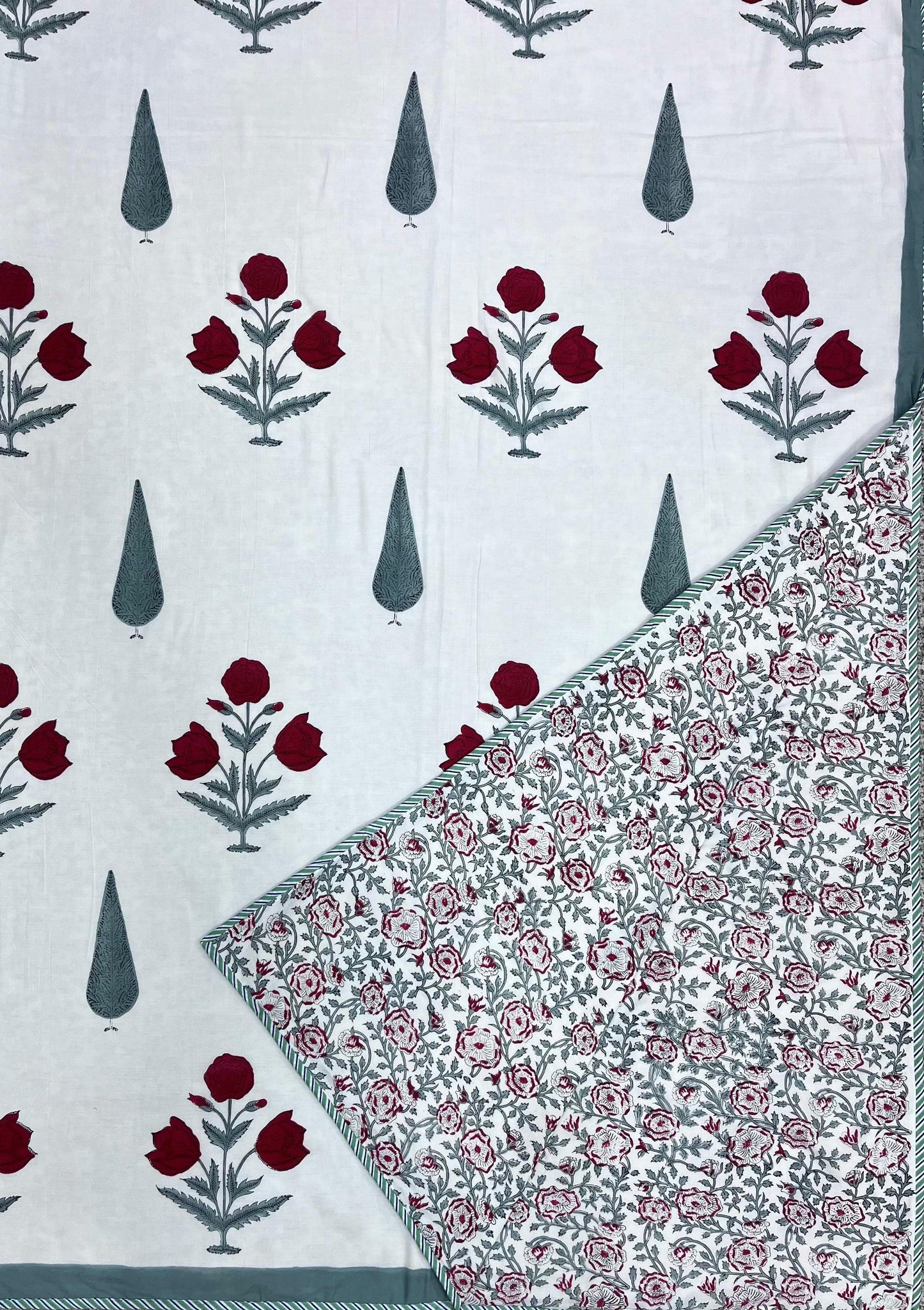 Red Marigold Pine Reversible Hand Block Printed Mul Cotton Dohar