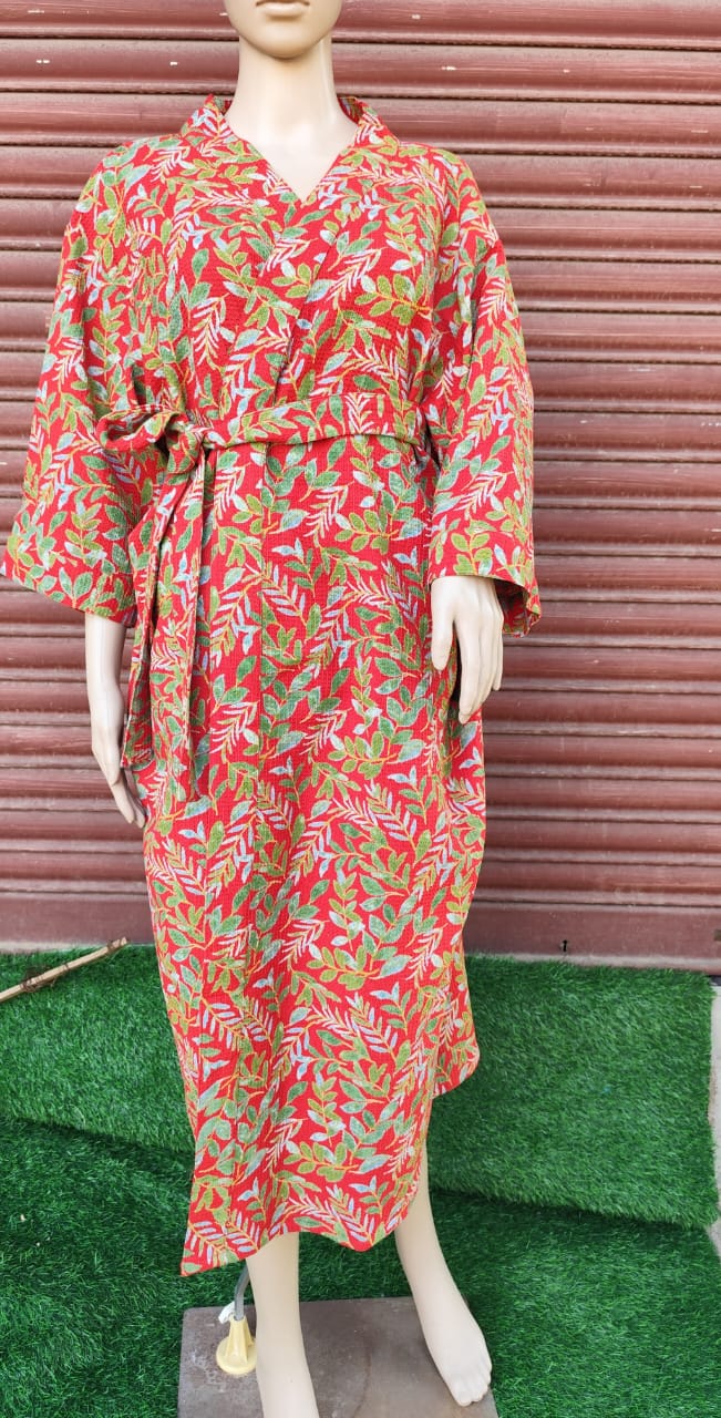 Red Multi Hand Block Print Adult Bath Robes