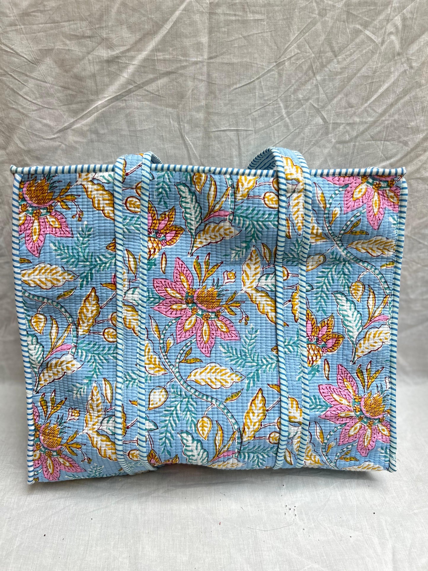 Sky Blue Floral Quilted Tote Bags With Zip