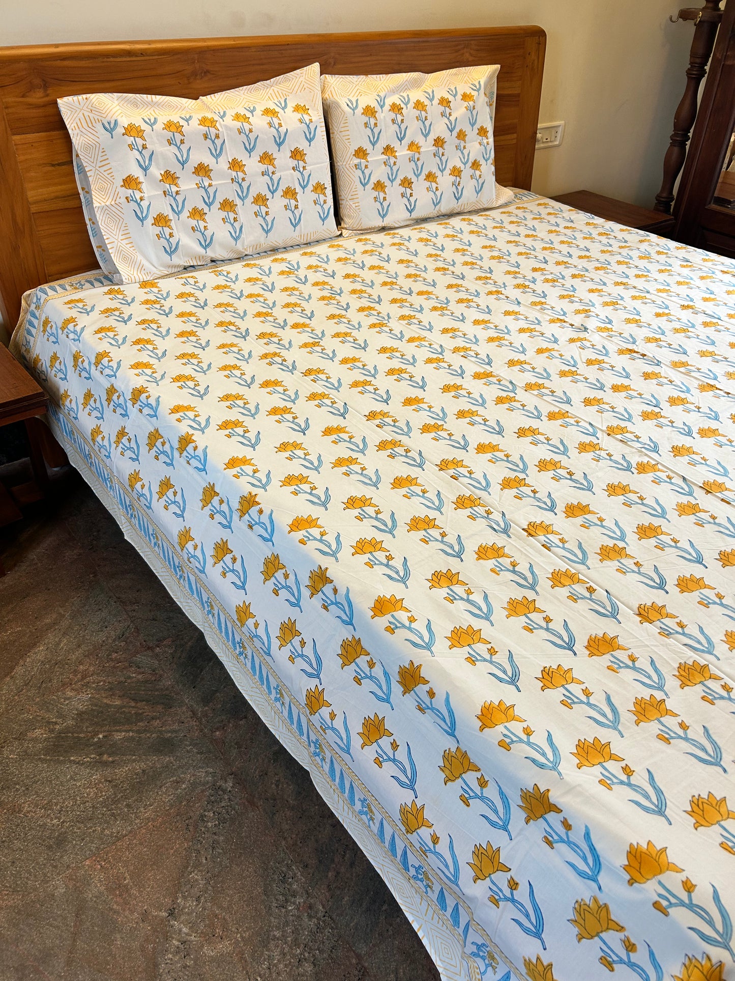 Sunshine Floral Block Printed Bedsheet