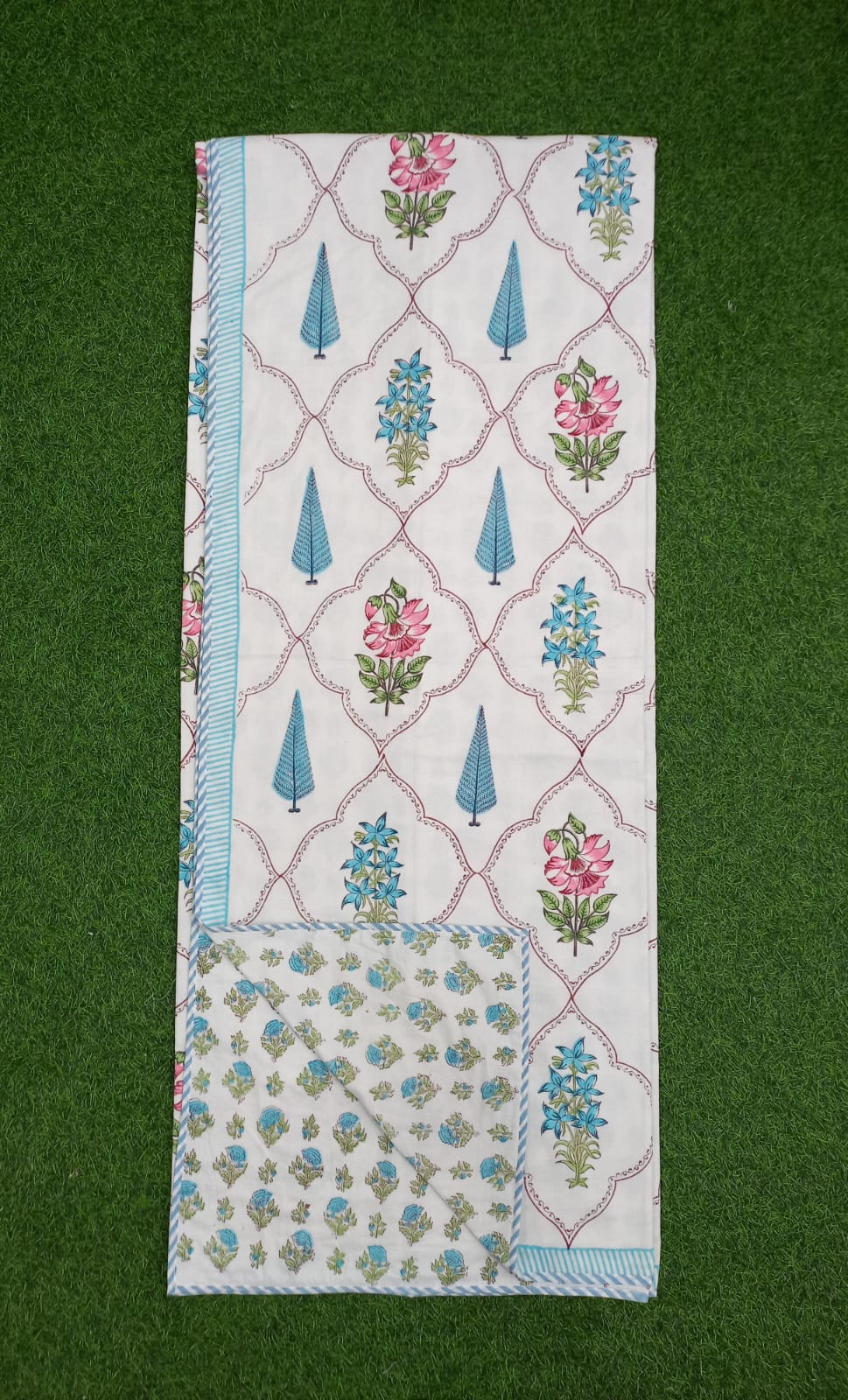 Teal Blue Jaal Reversible Hand Block Printed Mul Cotton Dohar