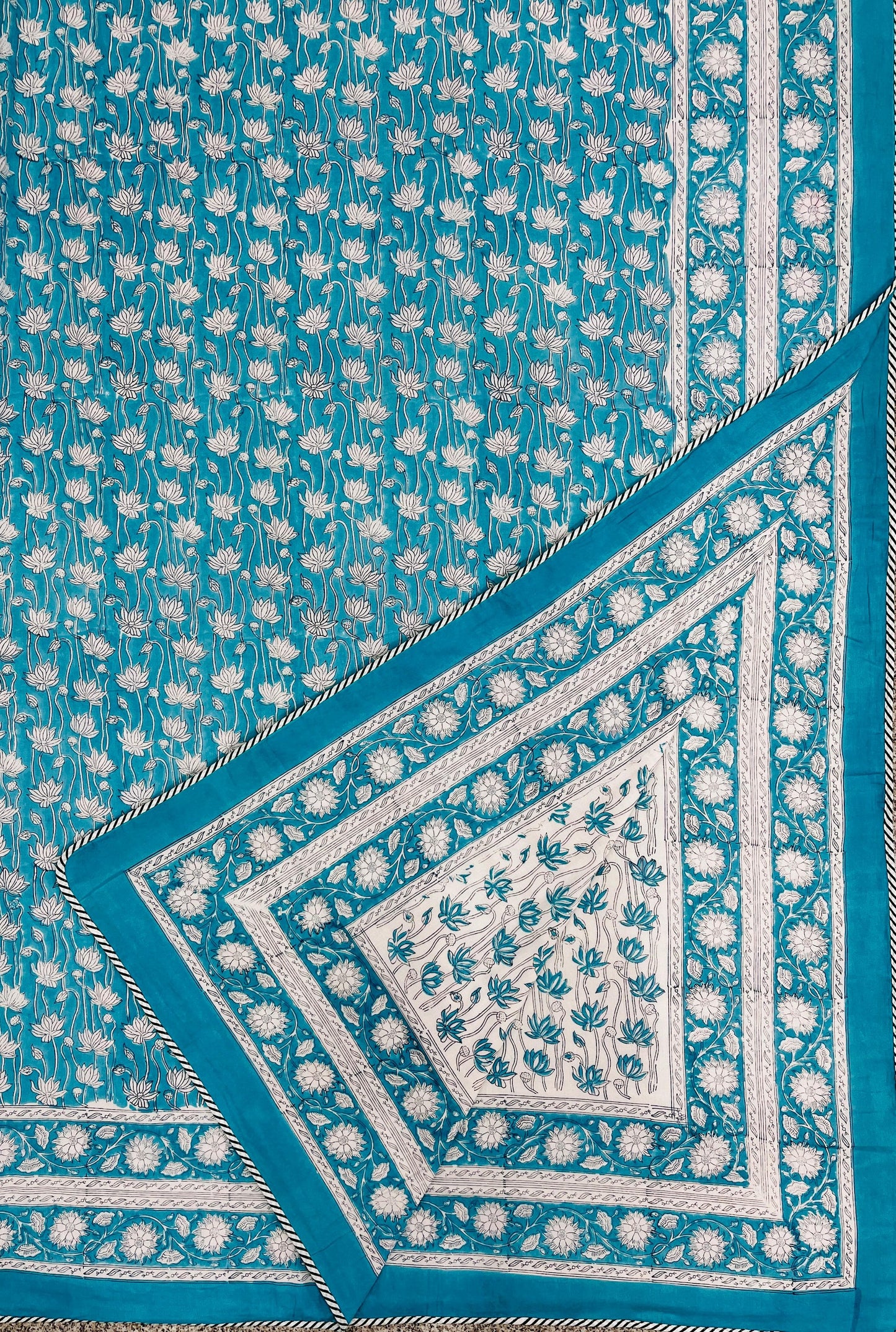 Teal Blue Reversible Hand Block Printed Mul Cotton Dohar