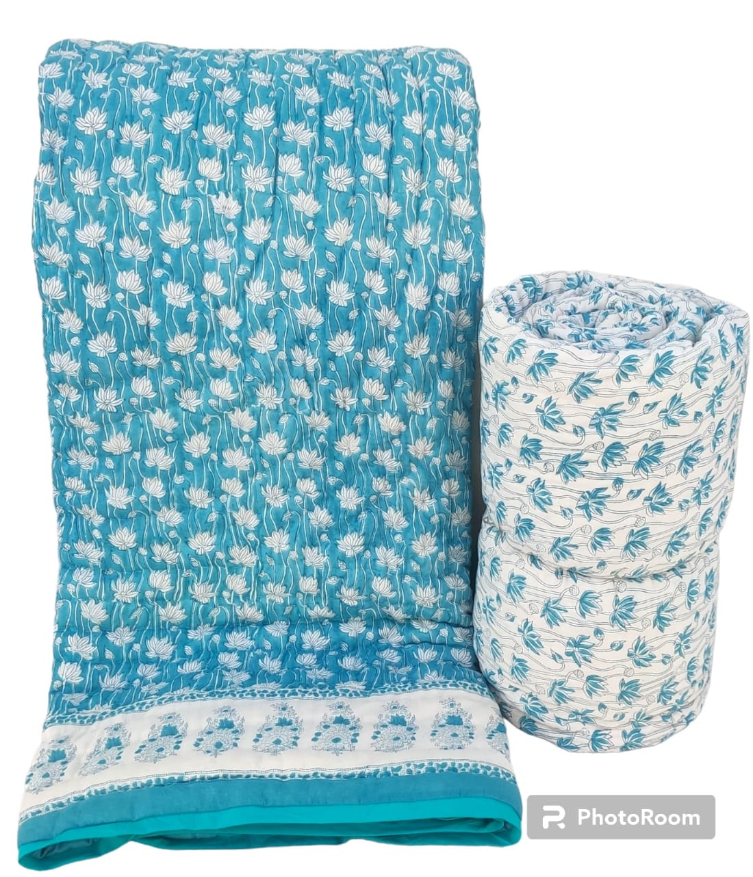 Teal Blue Reversible Handblock Printed Cotton Quilt