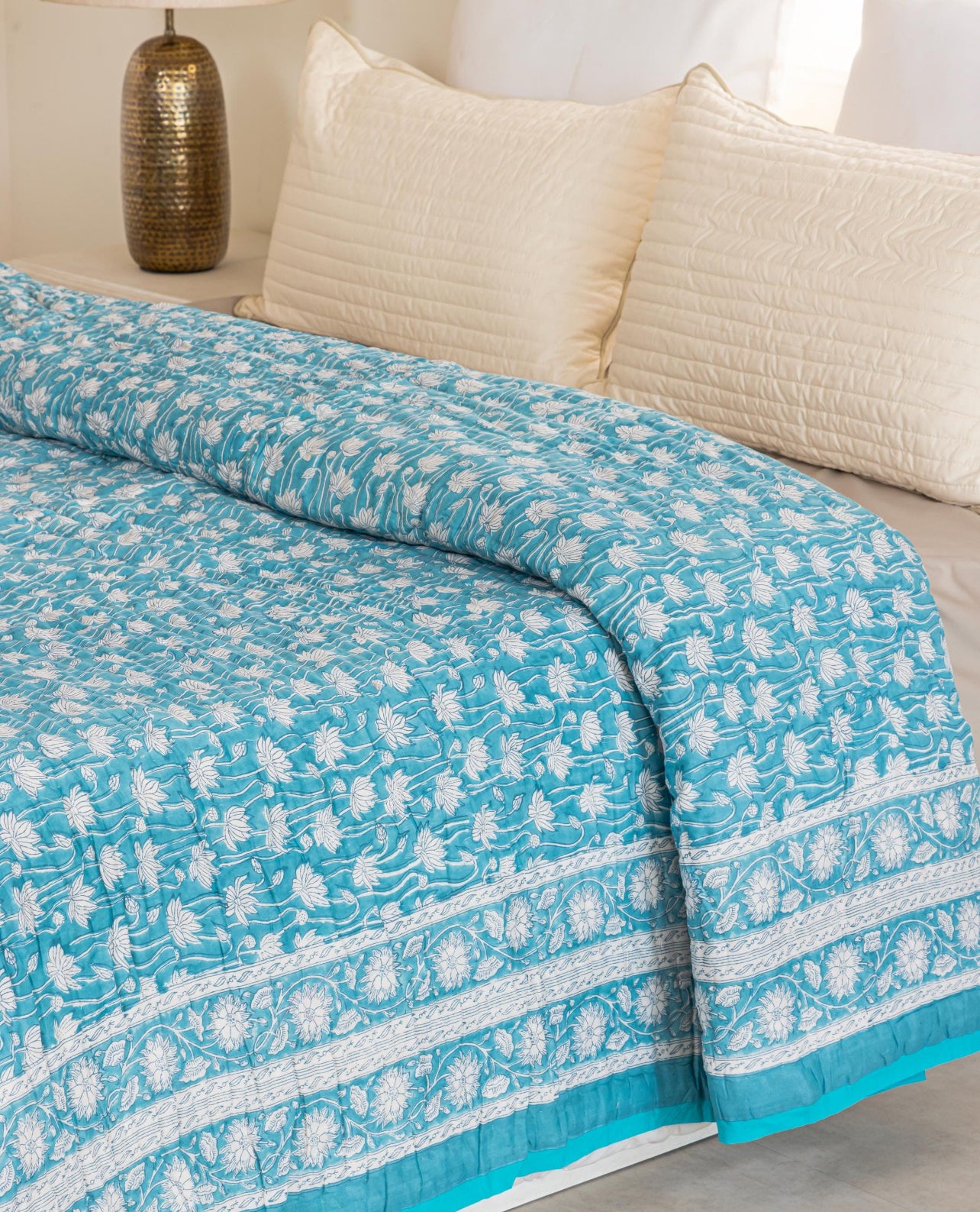 Teal Blue Reversible Handblock Printed Cotton Quilt