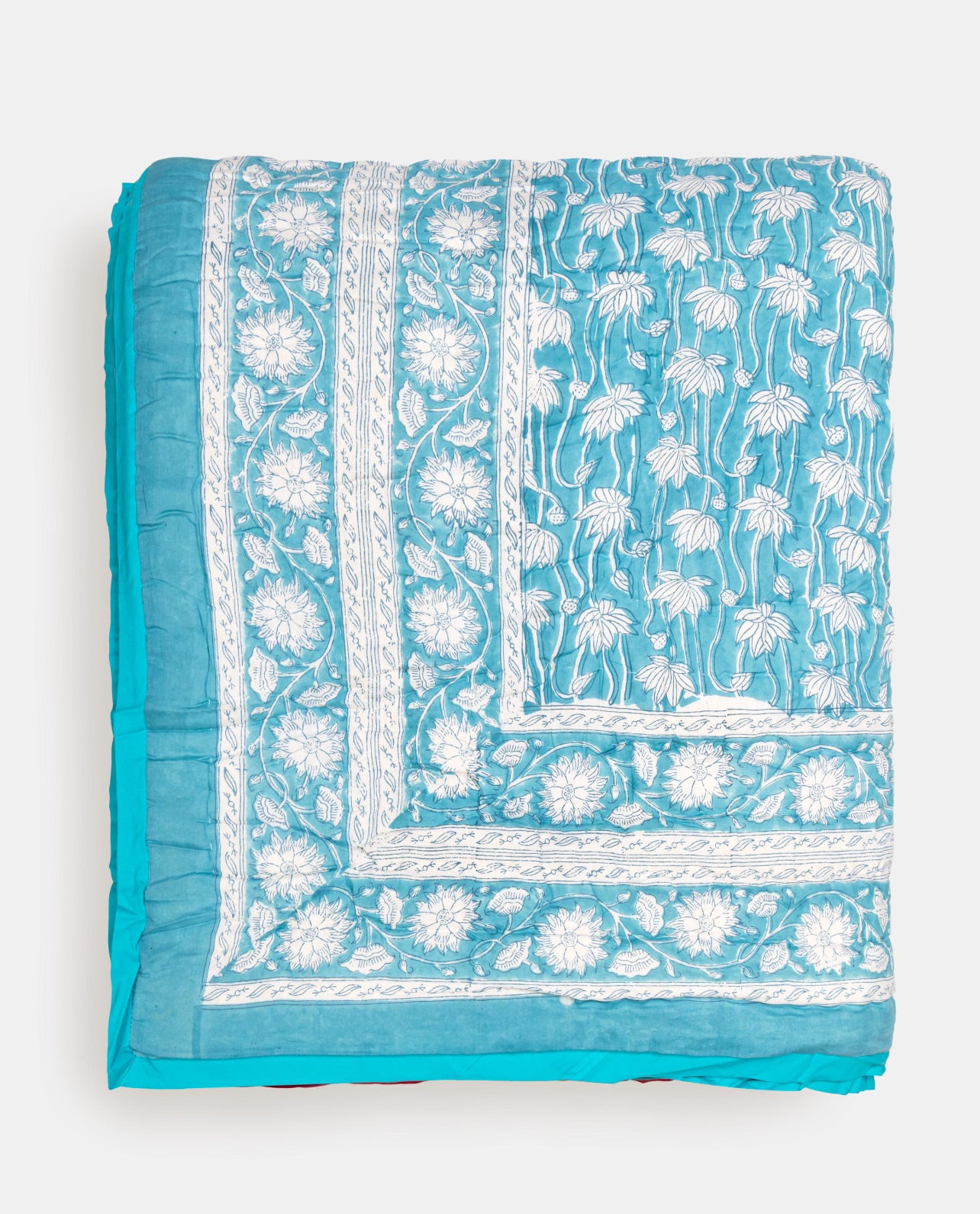 Teal Blue Reversible Handblock Printed Cotton Quilt