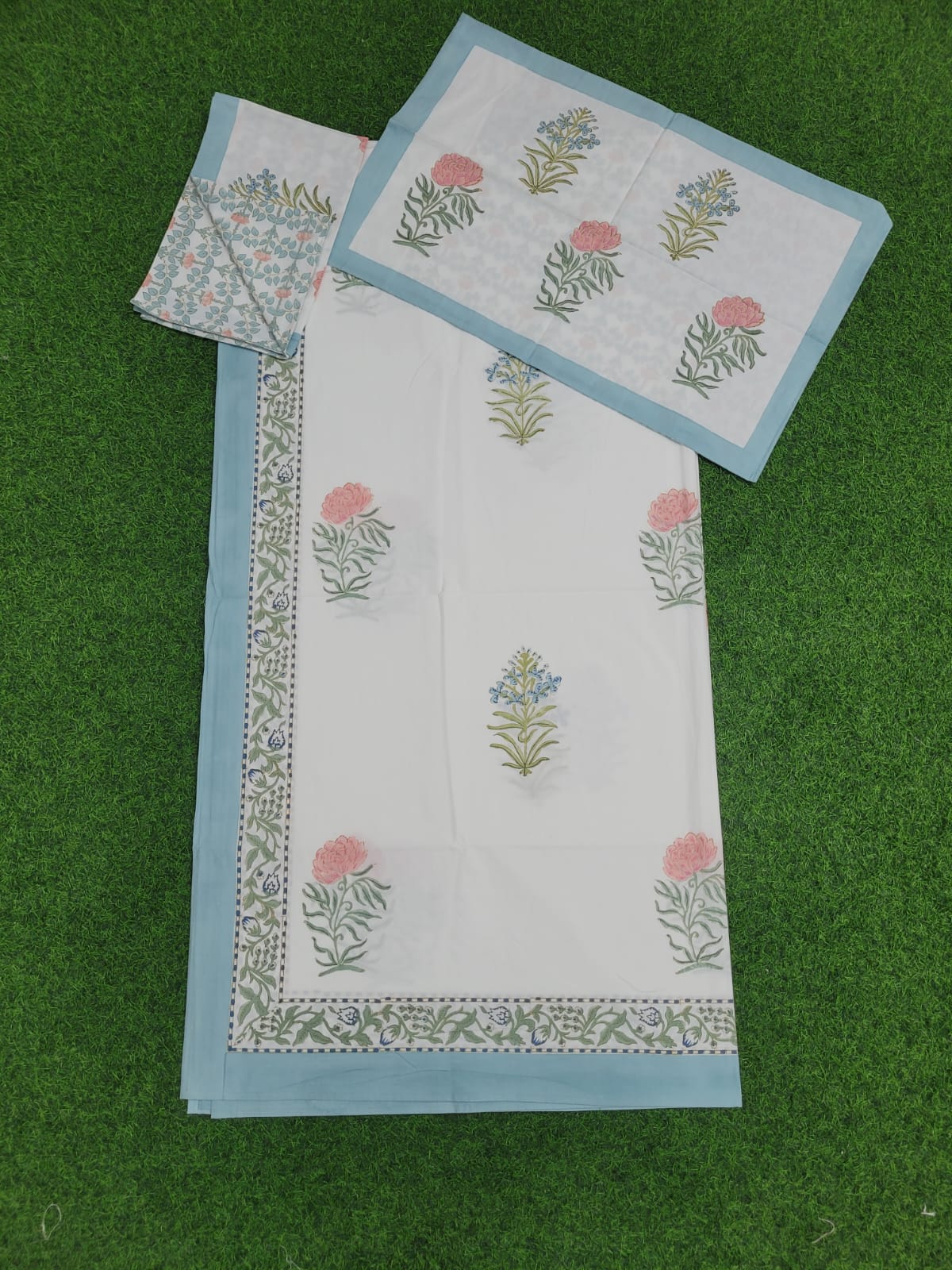 Pastels and Floral Block Printed Cotton Queen size Bedsheet