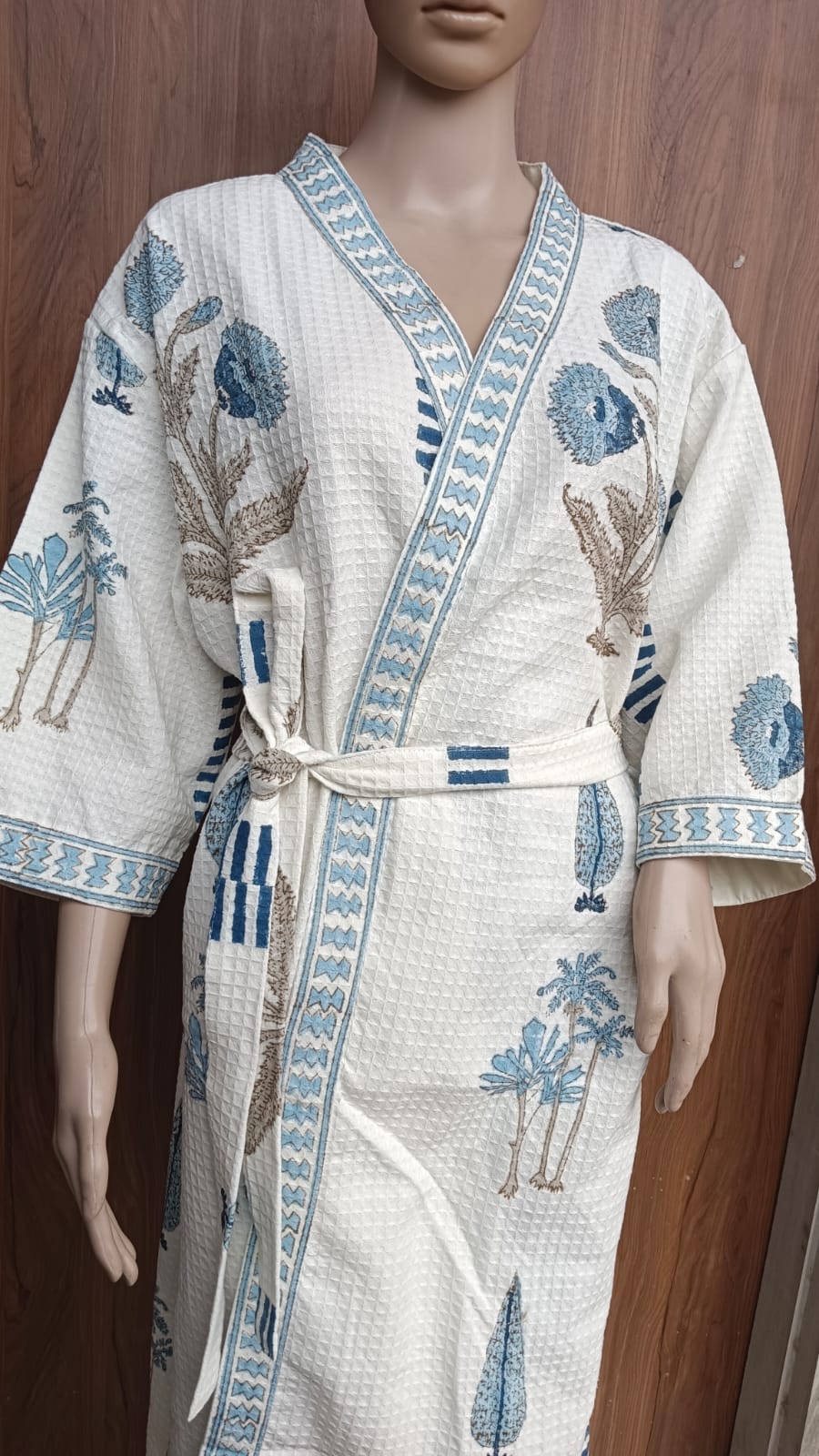 White Blue Marigold Hand Block Print Adult Bath Robes