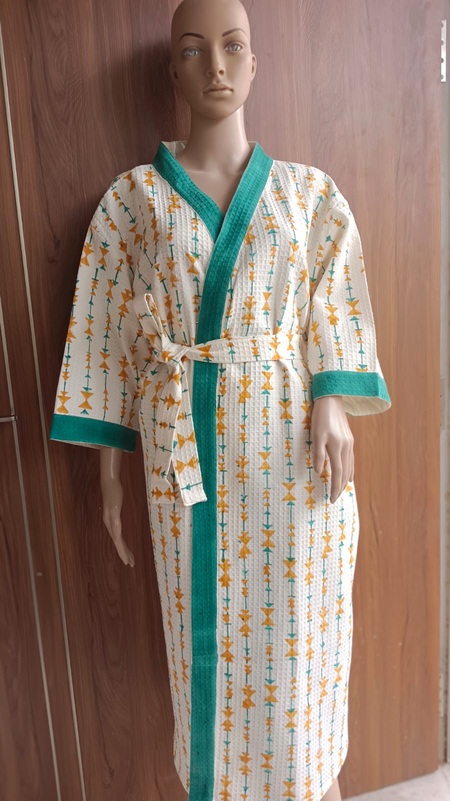 White Geometric Hand Block Print Adult Bath Robes