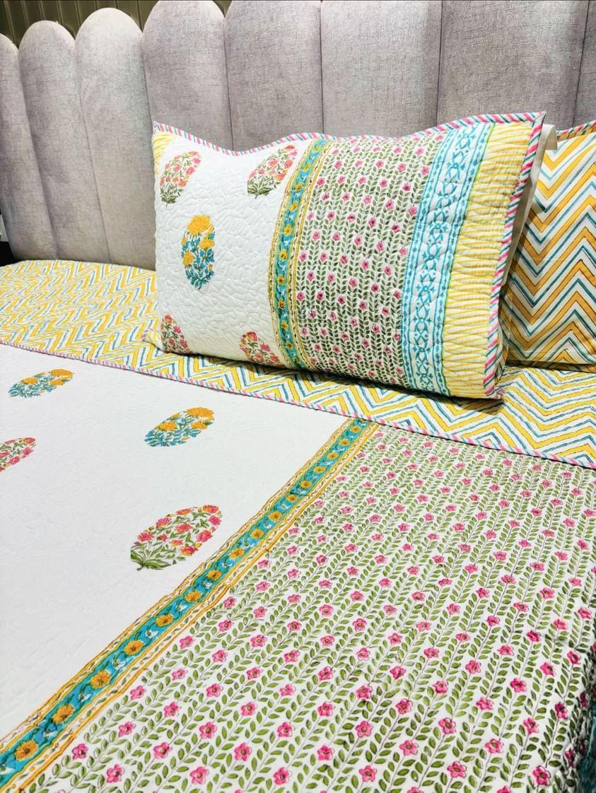 Yellow Floral Reversible Quilted Bedcover