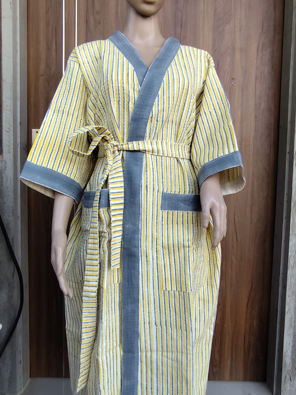 Yellow Stripes Hand Block Print Adult Bath Robes