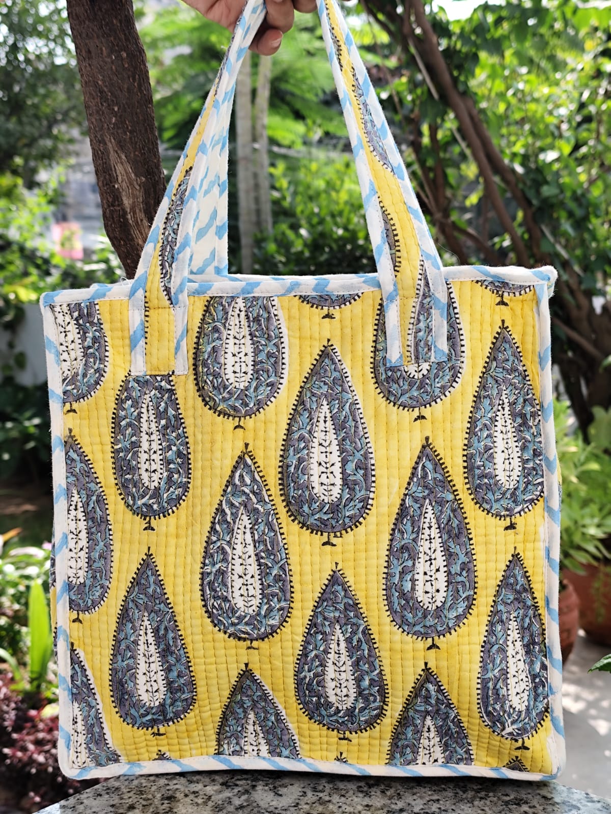 Yellow pine Quilted Handblock Printed Lunch Bag With Zip