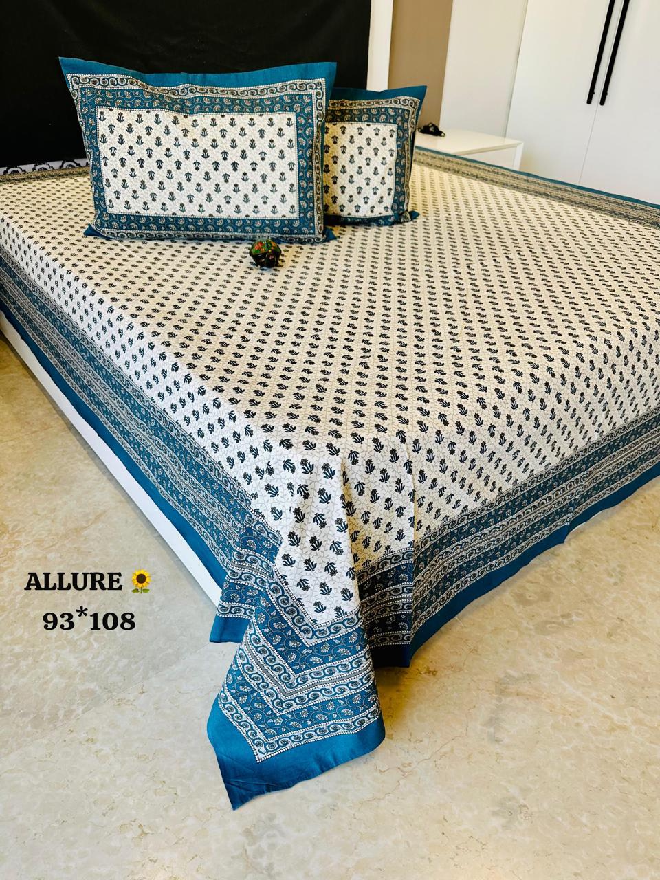 Blue small flowers Queen Size Bedsheet - Allure Collections