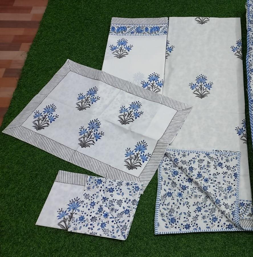 Blue Floral Hand block Printed Matching Dohar Reversible With Bedsheet