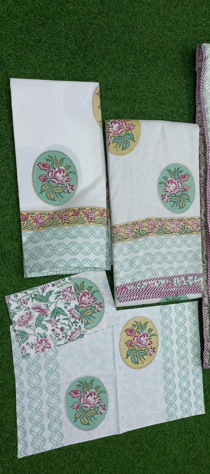 Round Florals Hand block Printed Matching Dohar Reversible With Bedsheet