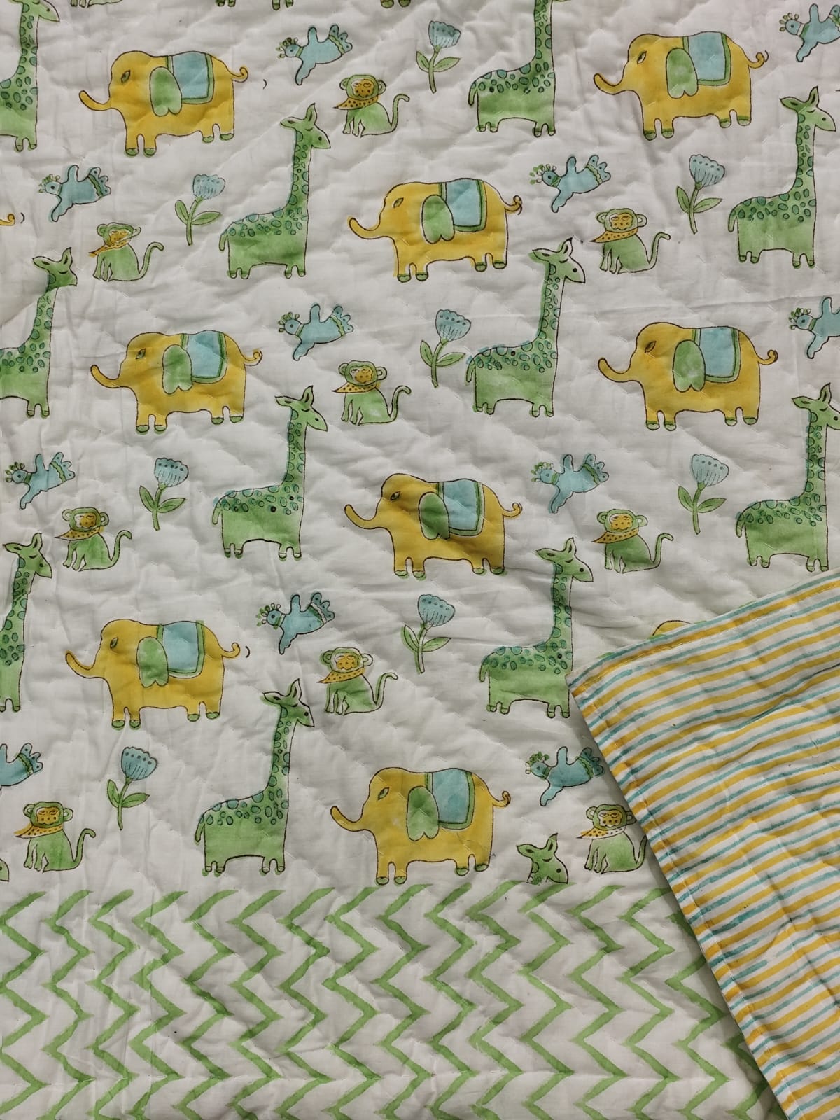 Elephants and Giraffe Green Handblock Printed Reversible Soft Baby Quilt