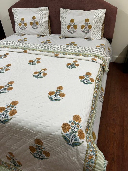 Yellow Marigold Hand block Printed Matching Quilt Reversible With Bedsheet