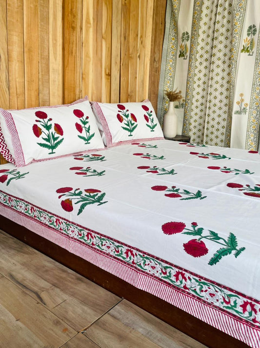 Red Marigold Hand Block Printed Pure Cotton Bedsheet