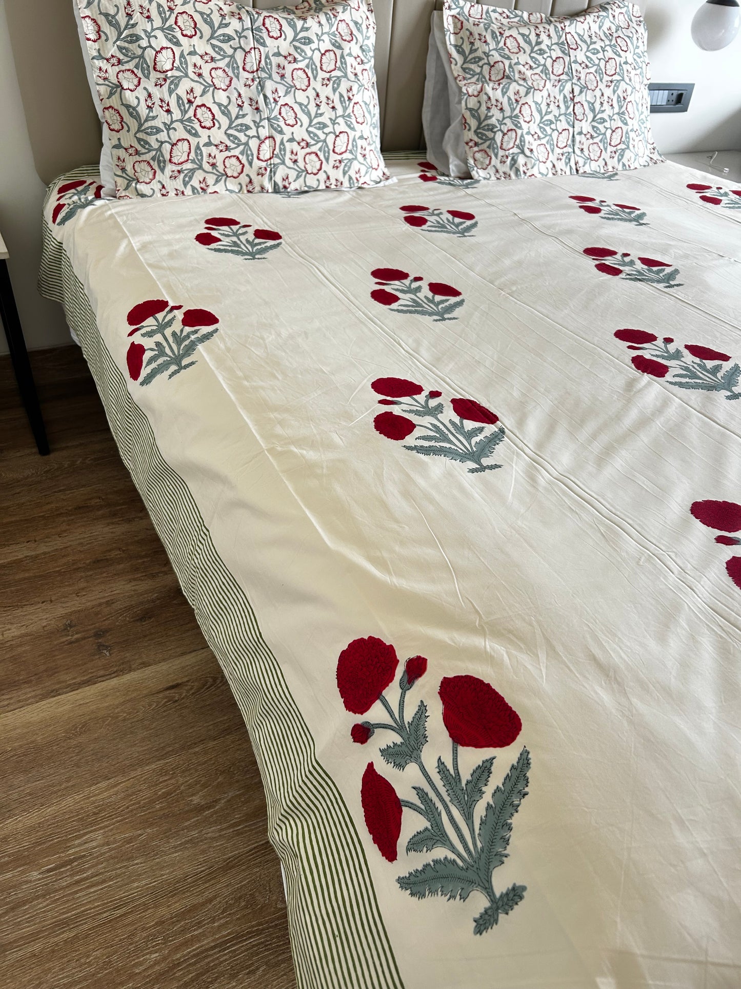 Red Floral Beige Base Hand Block Printed Cotton Bedsheet