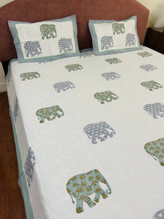 Elephant Hand Block Printed Cotton Bedsheet