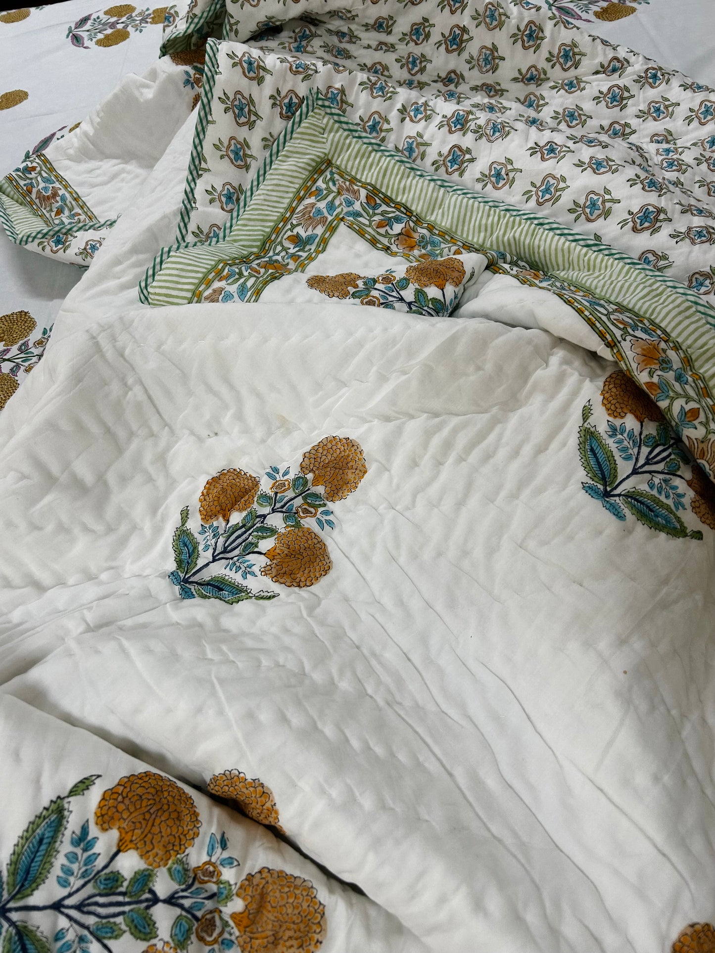Yellow Marigold Hand block Printed Matching Quilt Reversible With Bedsheet