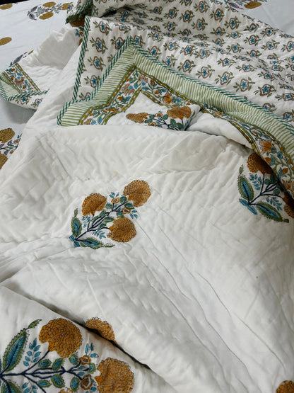 Yellow Marigold Hand block Printed Matching Quilt Reversible With Bedsheet