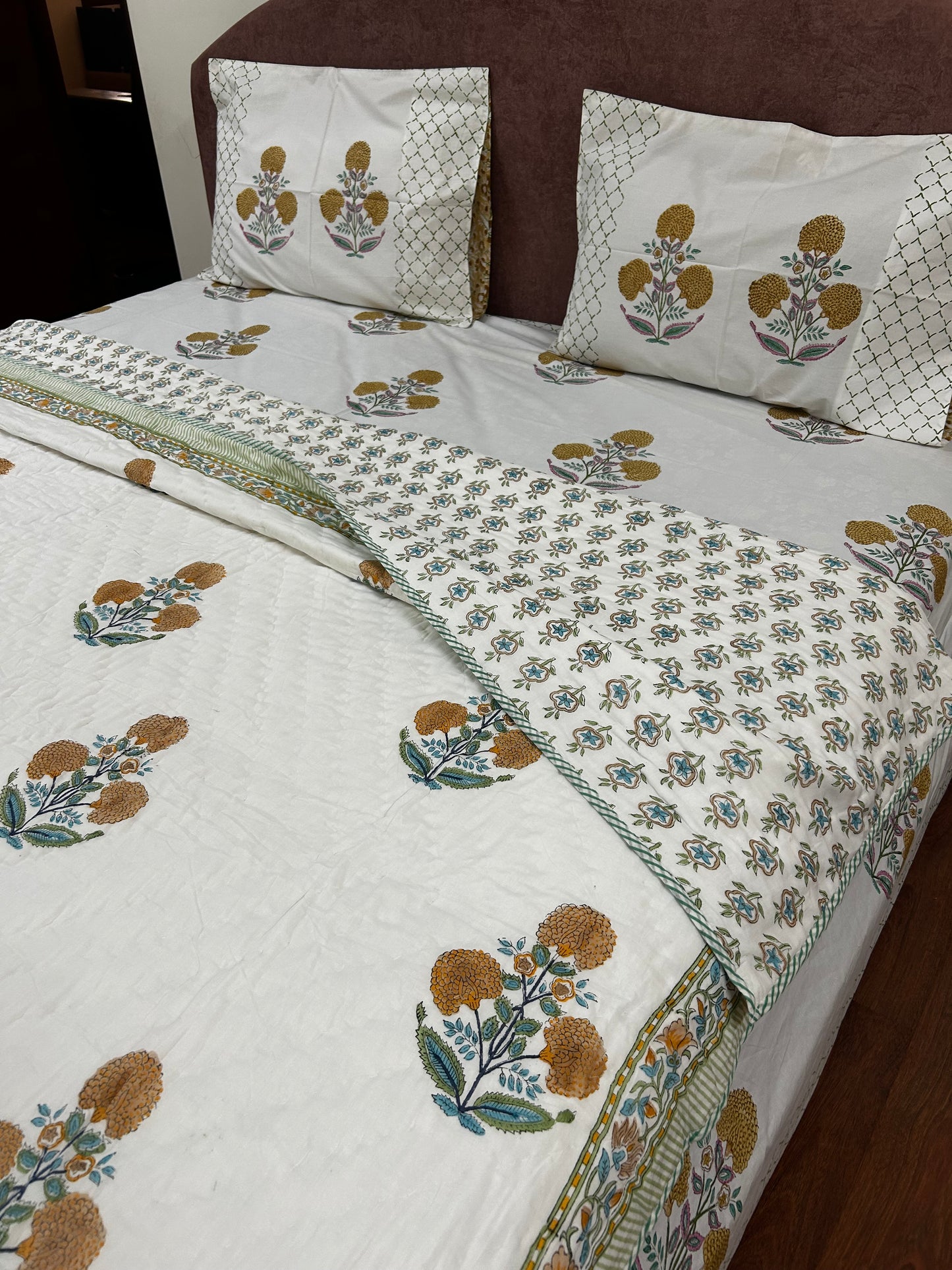 Yellow Marigold Hand block Printed Matching Quilt Reversible With Bedsheet