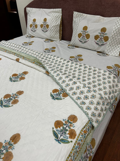 Yellow Marigold Hand block Printed Matching Quilt Reversible With Bedsheet