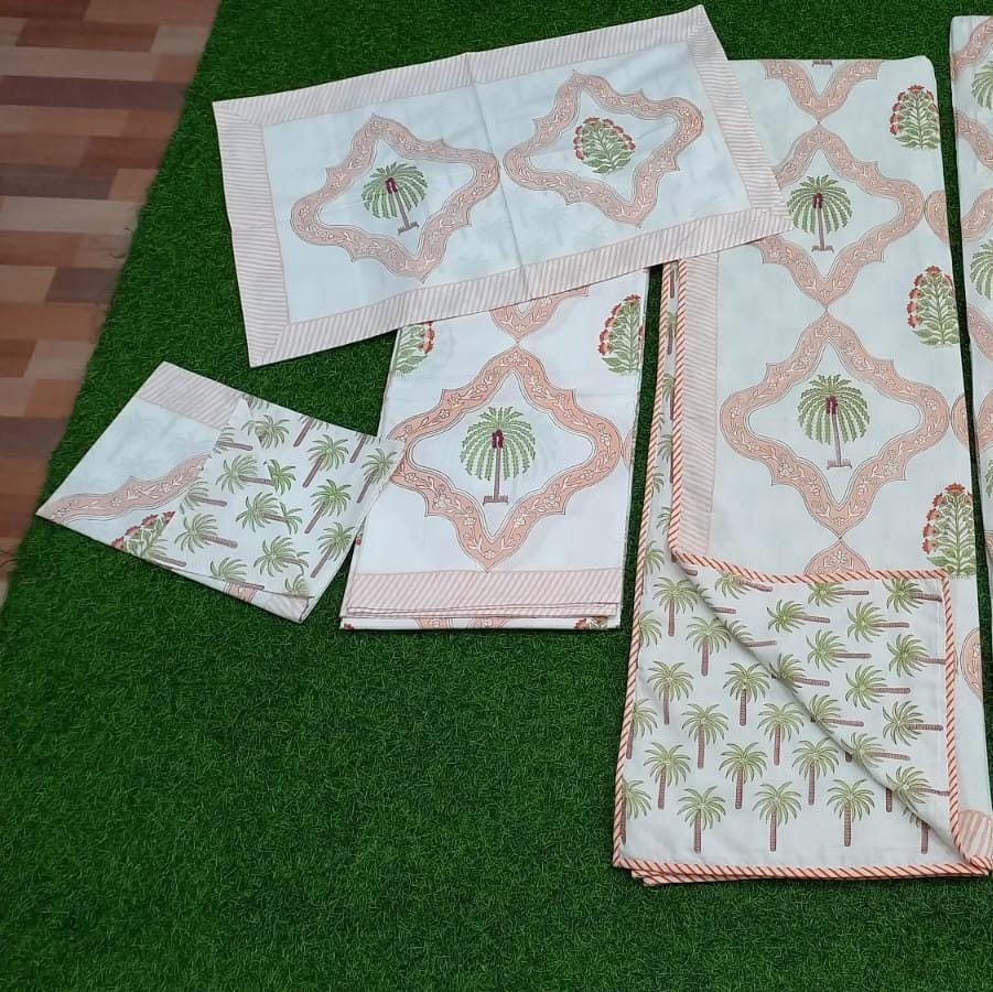 Palm treel Hand block Printed Matching Dohar Reversible With Bedsheet