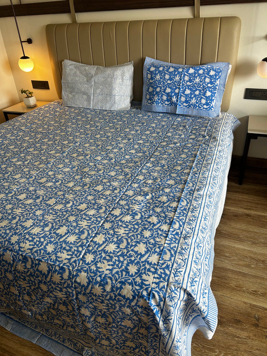 Blue Meadows Hand Block Printed Pure Cotton Bedsheet