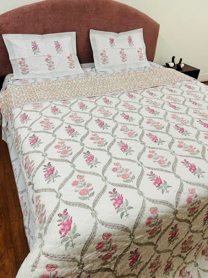 Pink Floral Jaal Reversible Handblock Printed Cotton Quilt