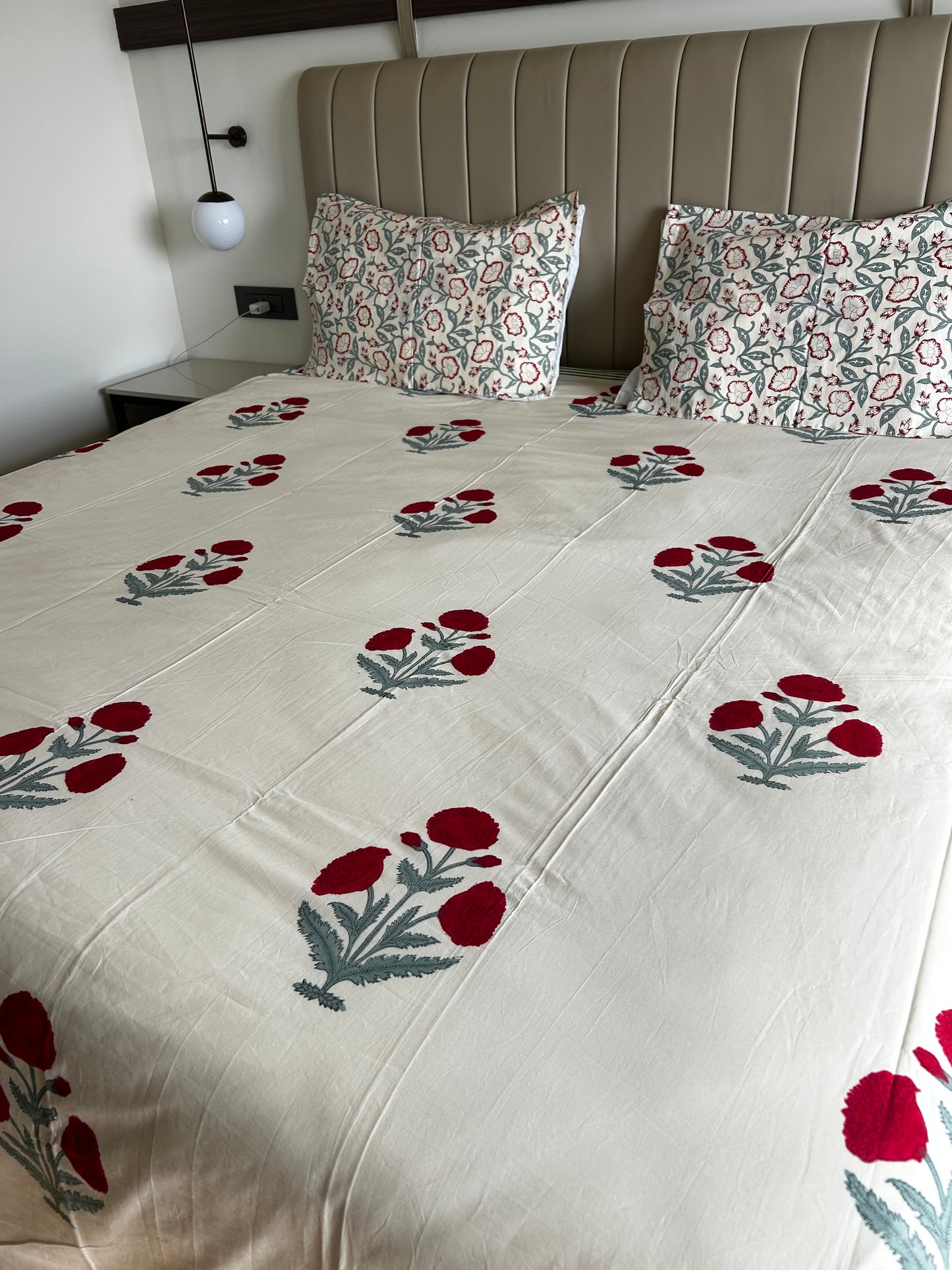 Red Floral Beige Base Hand Block Printed Cotton Bedsheet