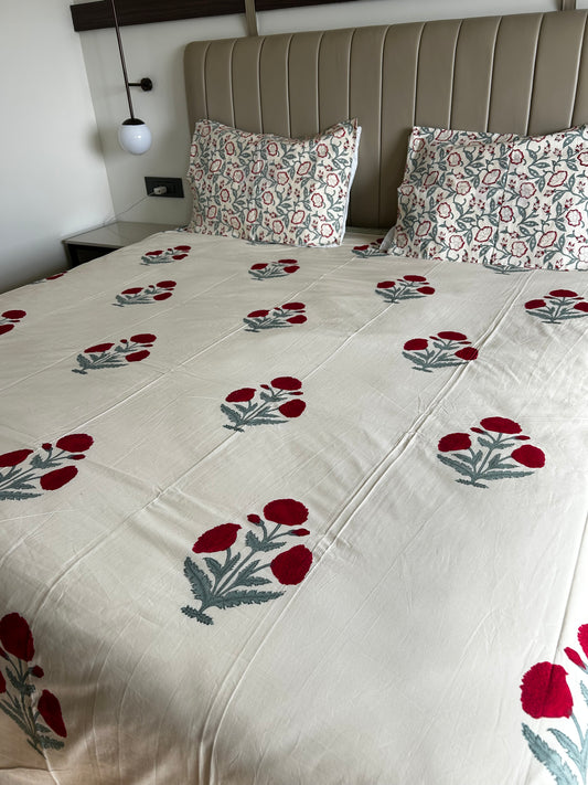 Red Floral Beige Base Hand Block Printed Cotton Bedsheet