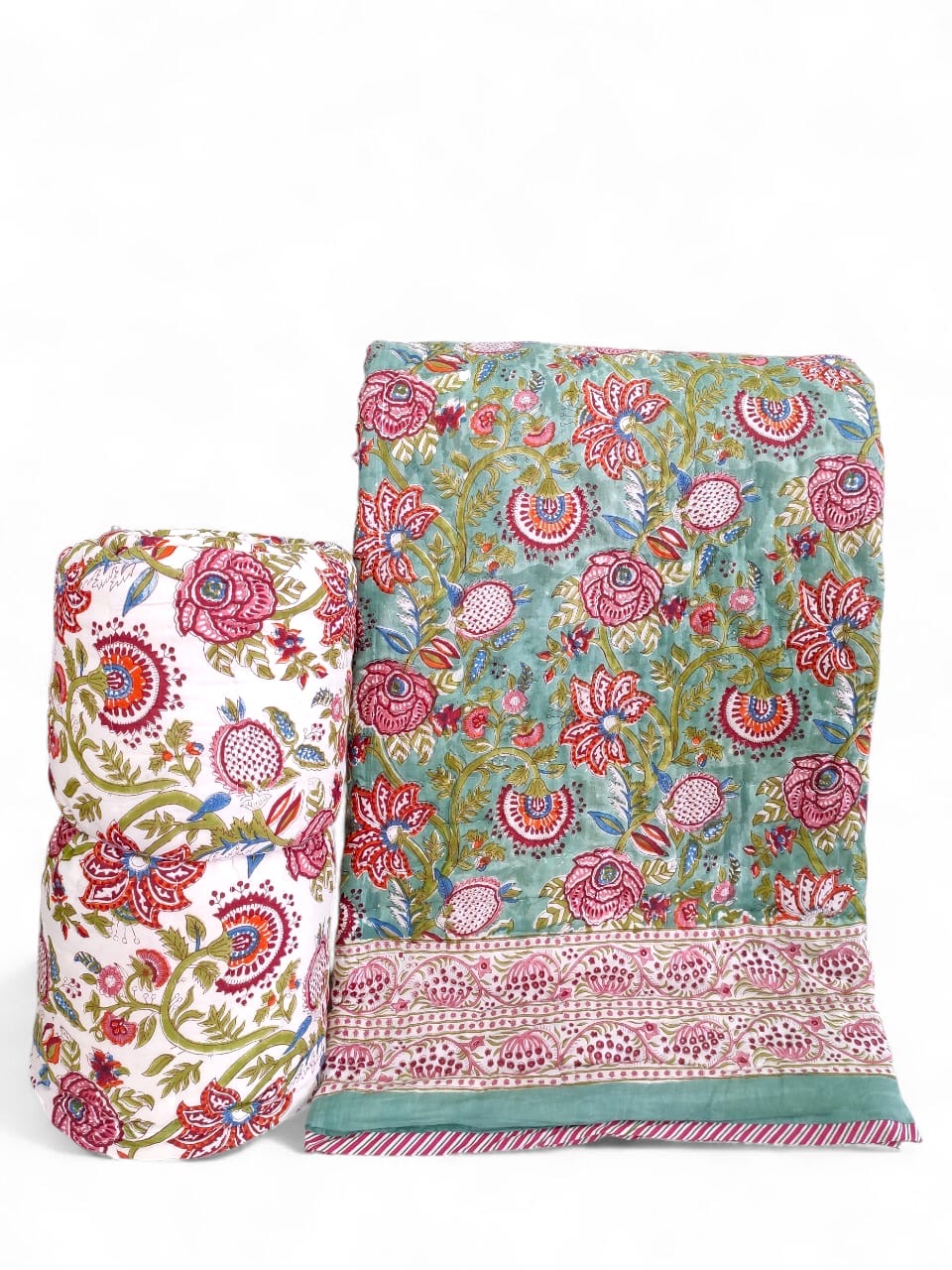 Sage Green Reversible Handblock Printed Cotton Quilt