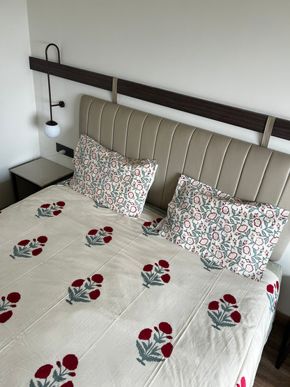Red Floral Beige Base Hand Block Printed Cotton Bedsheet