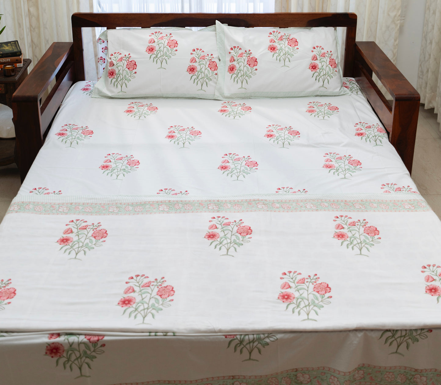 Pink Floral Hand block Printed Matching Dohar Reversible With Bedsheet
