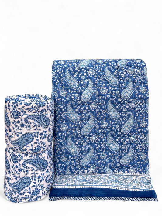 Navy Blue Reversible Handblock Printed Cotton Quilt