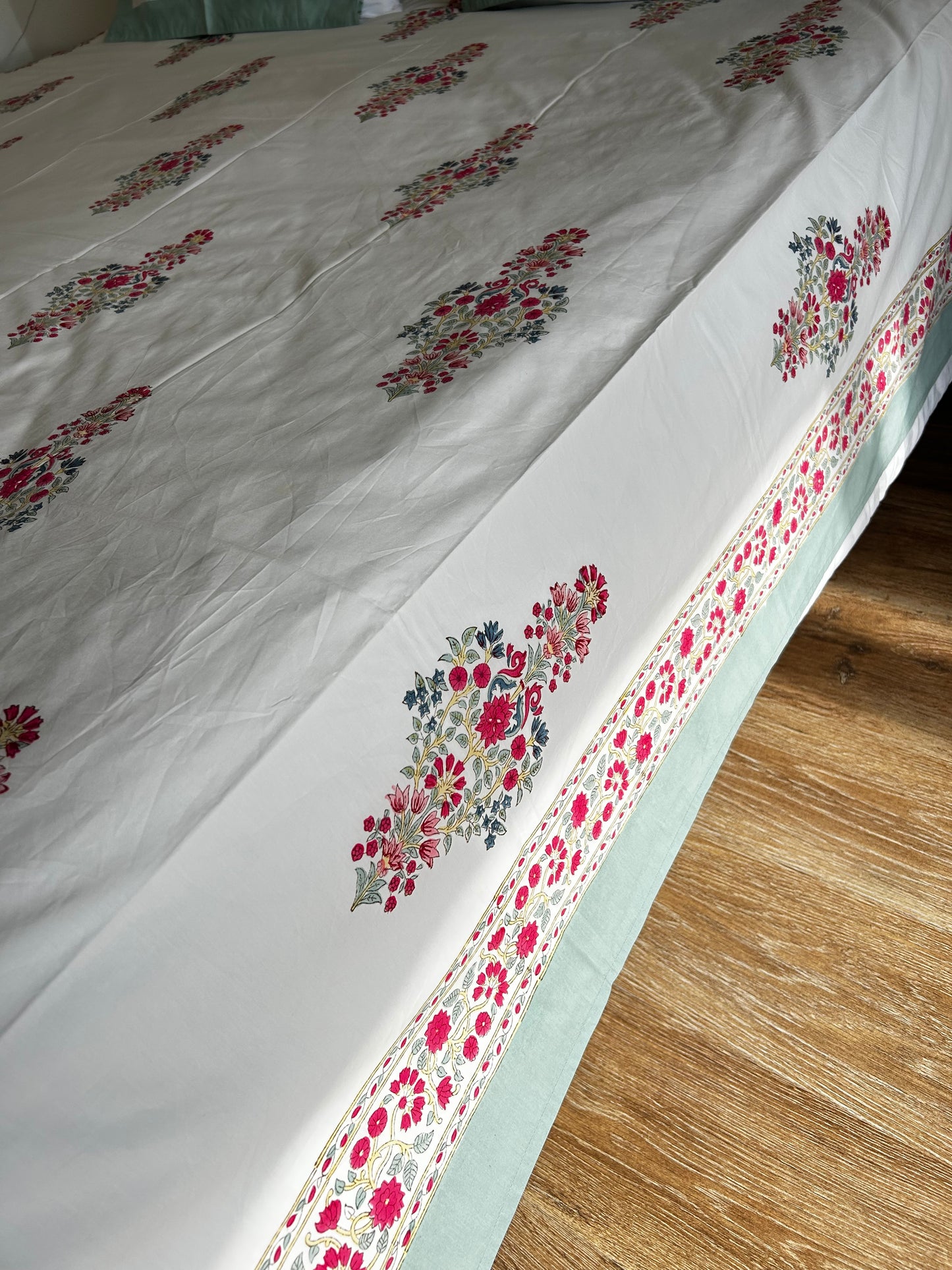Pink Floral Block Printed Cotton Bedsheet
