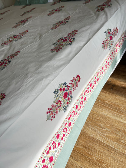Pink Floral Block Printed Cotton Bedsheet