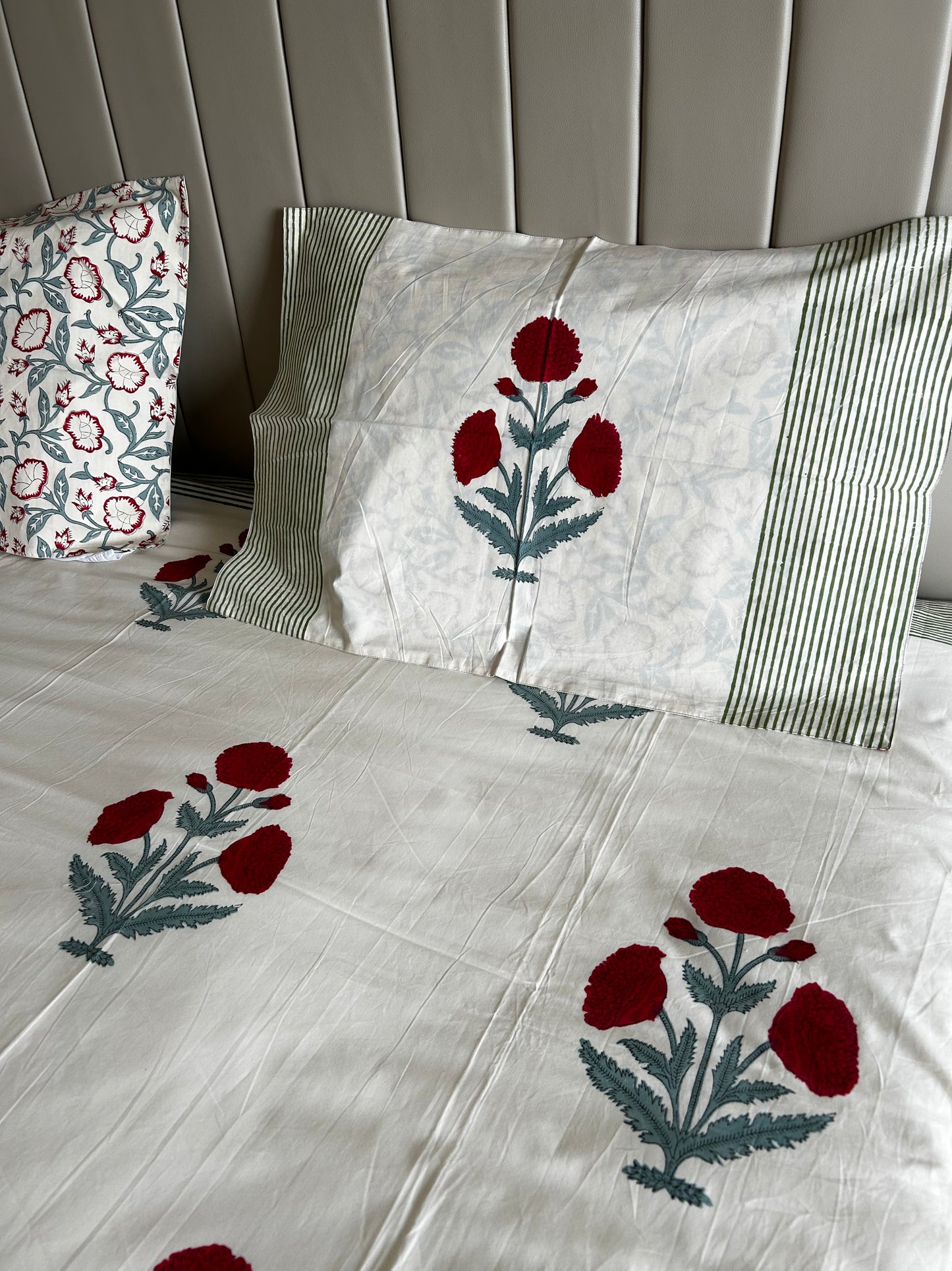 Red Floral Beige Base Hand Block Printed Cotton Bedsheet